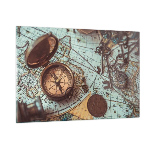 Impression sur verre - Image sur verre - Une boussole antique sur fond de carte et de clés antiques. - 120x80cm - Pour ceux qui recherche l'aventure - Décoration murale moderne pour le salon et la chambre ARTTOR
