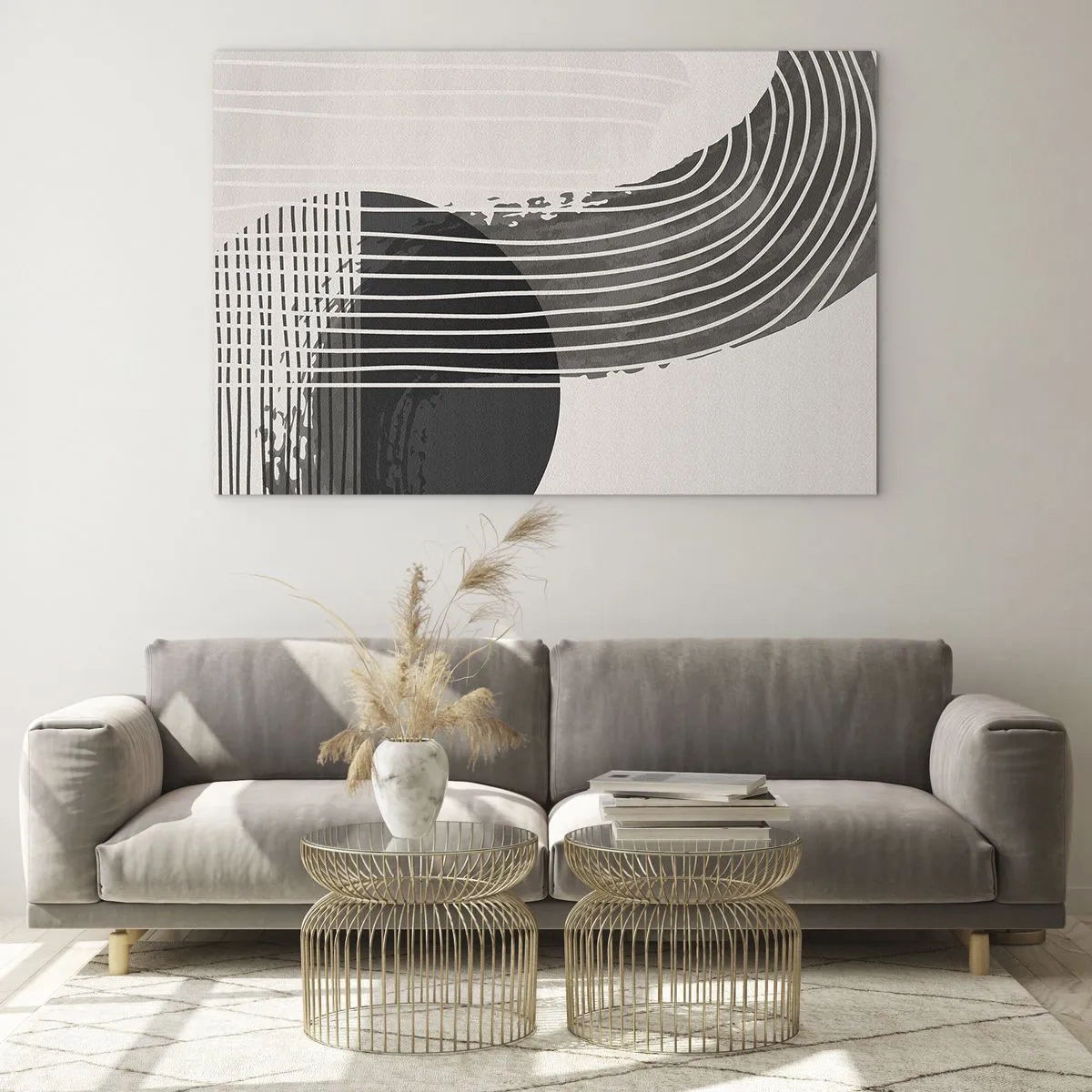 Impression sur verre - Image sur verre - Abstraction en noir et blanc avec des lignes et des formes géométriques - 70x50cm - Aller et retour - Décoration murale moderne pour le salon et la chambre ARTTOR