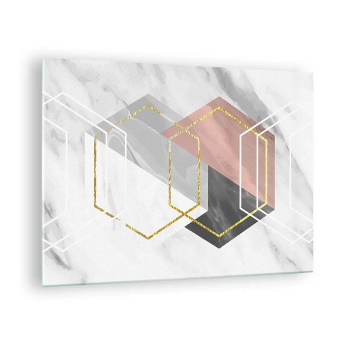 Impression sur verre - Image sur verre - Formes géométriques dorées sur fond de marbre - 70x50cm - Composition en chaîne - Décoration murale moderne pour le salon et la chambre ARTTOR