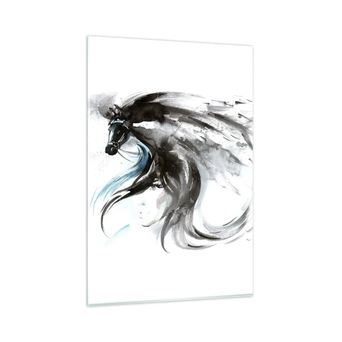 Impression sur verre - Image sur verre - Une femme et un cheval dans une aquarelle mystique pleine de dynamique - 80x120cm - Galop du prince noir - Décoration murale moderne pour le salon et la chambre ARTTOR