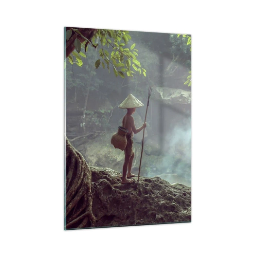 Impression sur verre - Image sur verre - Un garçon avec une lance près d'une cascade dans la forêt tropicale - 50x70cm - Lier d'amitié avec la nature - Décoration murale moderne pour le salon et la chambre ARTTOR