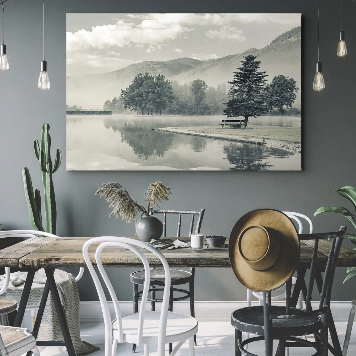 Impression sur toile - Image sur toile - Un lac pittoresque avec un banc et du brouillard en arrière-plan - 120x80cm - Le lac dort encore - Décoration murale moderne pour le salon et la chambre ARTTOR