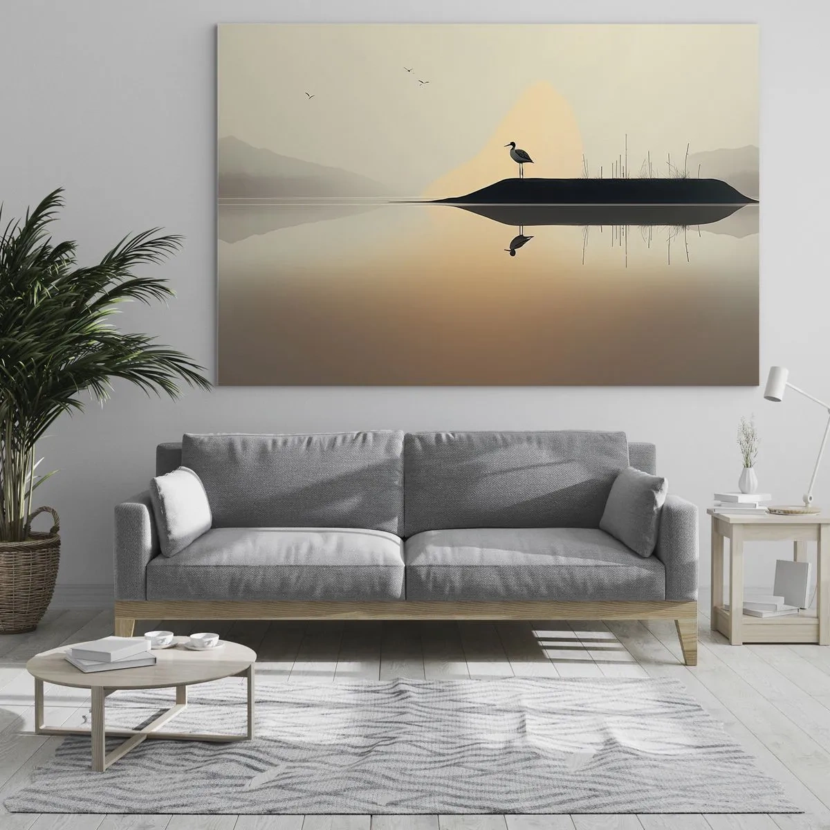 Impression sur verre - Image sur verre - Un héron debout sur une île dans les eaux calmes d'un lac - 70x50cm - Le seigneur du lac - Décoration murale moderne pour le salon et la chambre ARTTOR