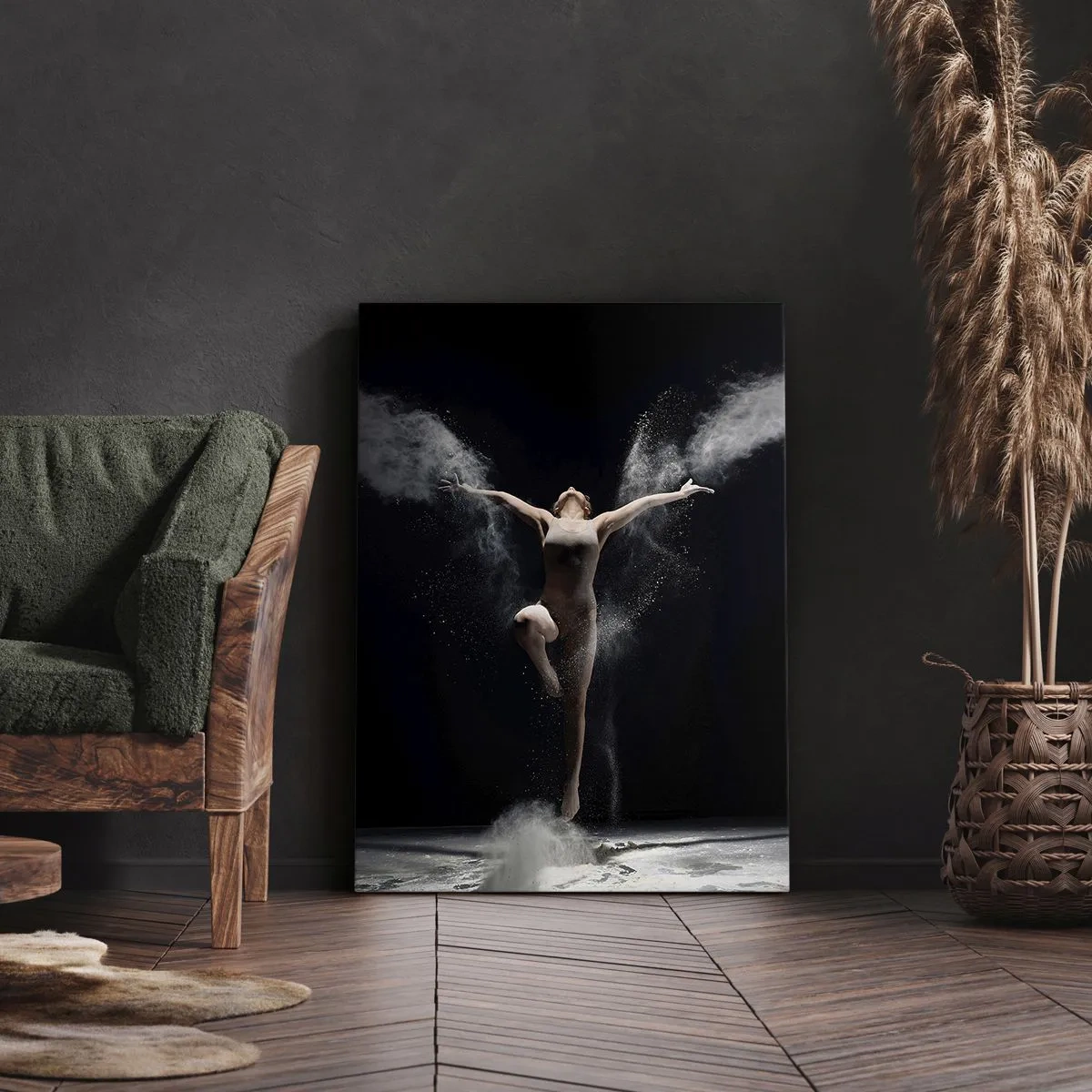 Impression sur toile - Image sur toile - Une danseuse en mouvement avec un effet de poussière saisissant sur fond noir - 80x120cm - Les elfes existent - Décoration murale moderne pour le salon et la chambre ARTTOR