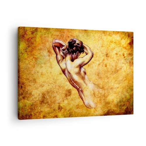 Impression sur toile - Image sur toile - Nu féminin artistique sur fond doré dans un style classique - 70x50cm - Découverte, mais toujours mystèrieuse - Décoration murale moderne pour le salon et la chambre ARTTOR