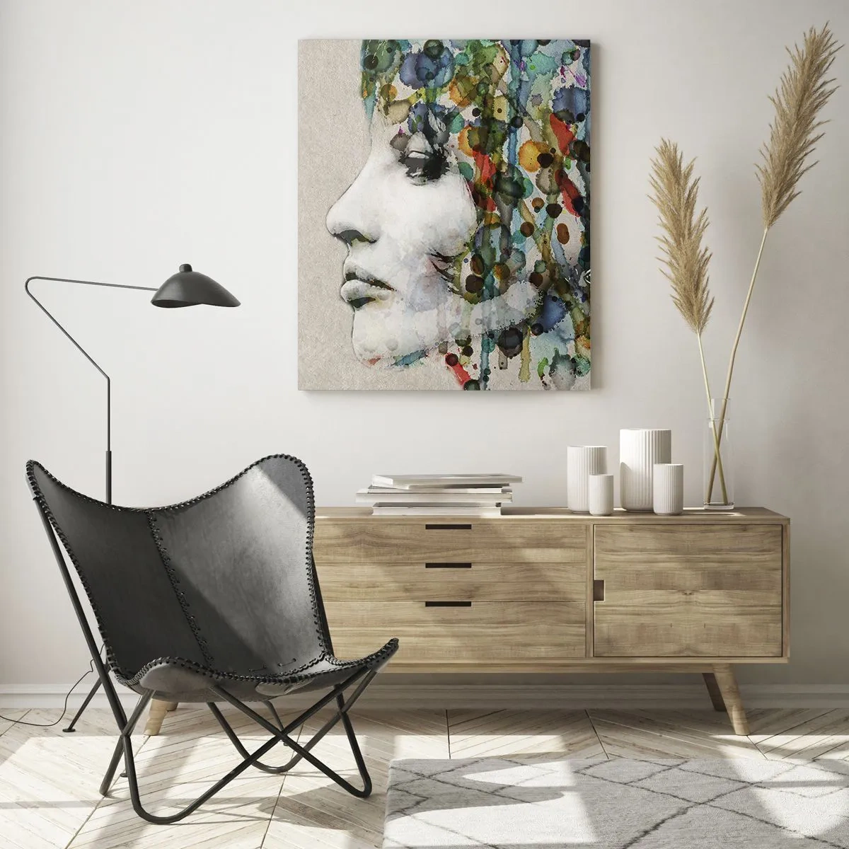 Impression sur verre - Image sur verre - Profil d'une femme aux couleurs aquarelles avec un fond abstrait - 80x120cm - Elle est sortie de la grisaille - Décoration murale moderne pour le salon et la chambre ARTTOR