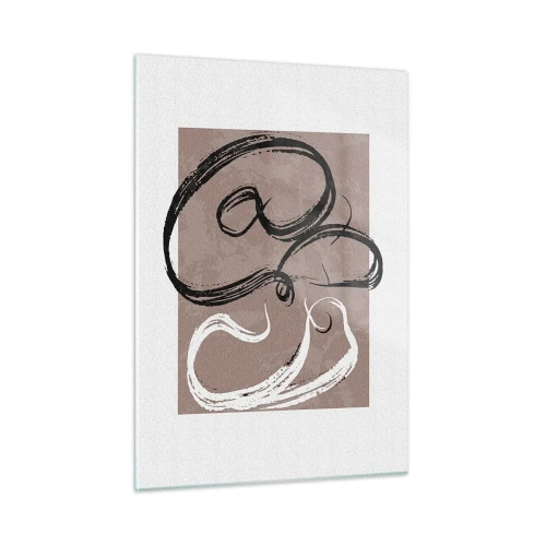 Impression sur verre - Image sur verre - Coups de pinceau dynamiques en noir et blanc sur fond beige. - 50x70cm - Composition – la recherche de la plénitude - Décoration murale moderne pour le salon et la chambre ARTTOR