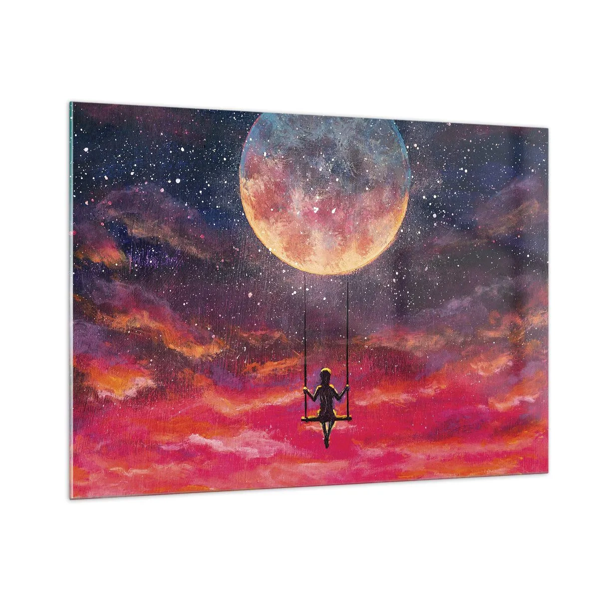Impression sur verre - Image sur verre - Une fille sur une balançoire suspendue sous la lune - 100x70cm - Se balancer dans les nuages - Décoration murale moderne pour le salon et la chambre ARTTOR