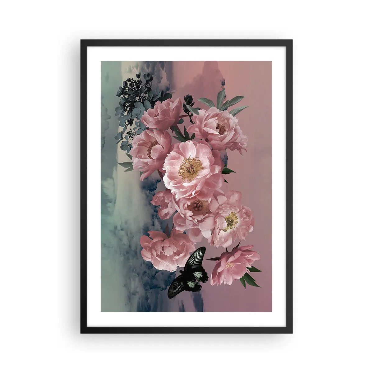 Affiche dans un cadre noir - Poster - Une composition romantique de fleurs et d'un papillon aux couleurs pastel. - 50x70cm - Pic du romantisme - Décoration murale moderne pour le salon et la chambre ARTTOR