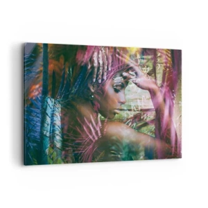 Impression sur toile - Image sur toile - Portrait d'une femme entourée d'une végétation exotique - 100x70cm - Dame Nature dans la jungle - Décoration murale moderne pour le salon et la chambre ARTTOR