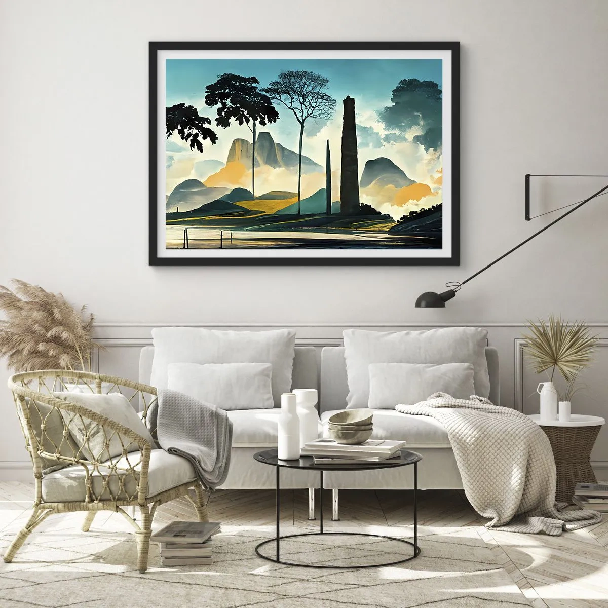 Affiche dans un cadre noir - Poster - Un paysage pittoresque avec des arbres et des montagnes en arrière-plan - 70x50cm - Toujours de plus en plus haut - Décoration murale moderne pour le salon et la chambre ARTTOR