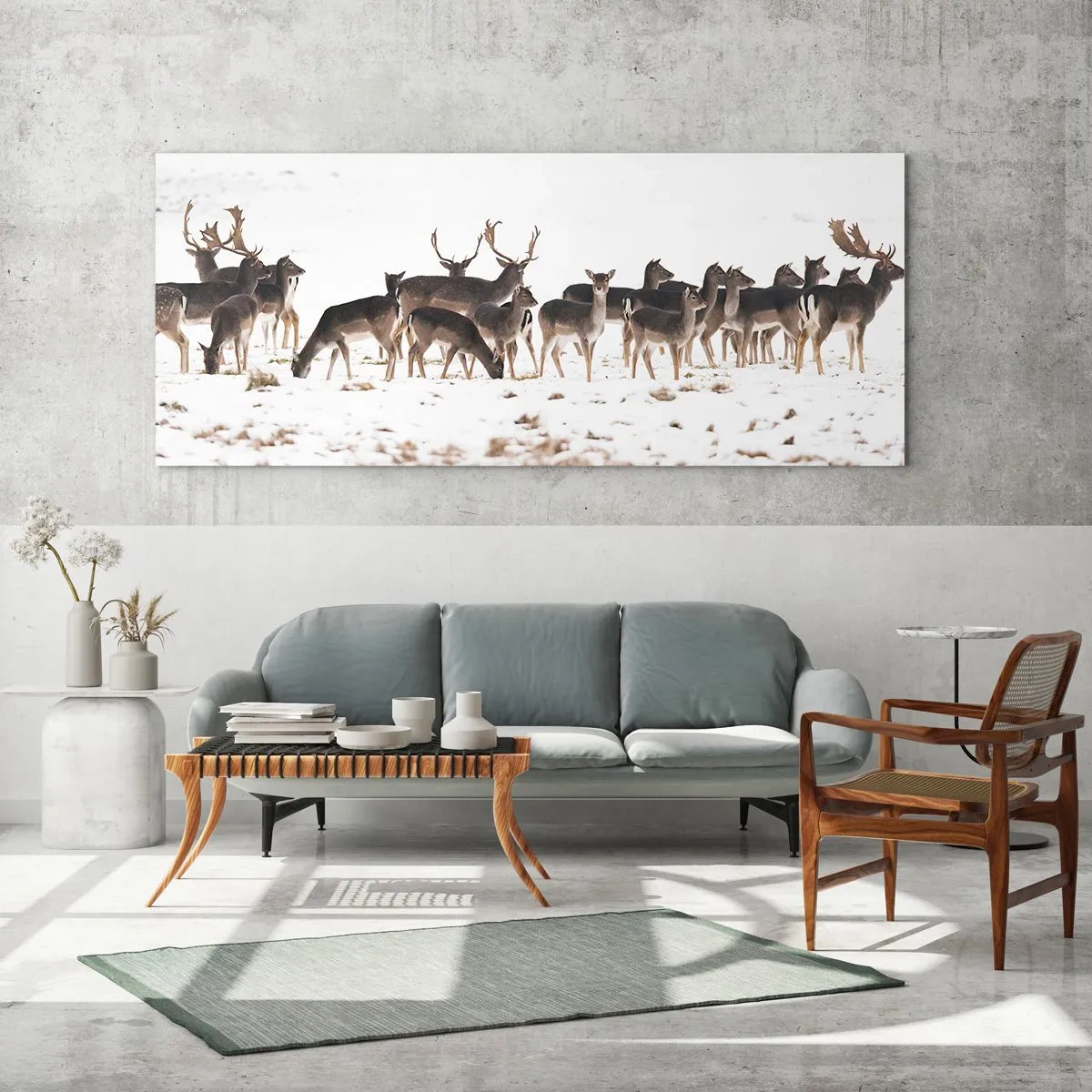 Impression sur verre - Image sur verre - Un troupeau de cerfs sur fond de neige - 160x50cm - Les fêtes approchent ? - Décoration murale moderne pour le salon et la chambre ARTTOR