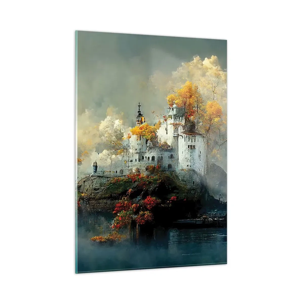 Impression sur verre - Image sur verre - Un château sur un rocher entouré de brouillard et d'arbres d'automne - 50x70cm - Le début d'une histoire romantique - Décoration murale moderne pour le salon et la chambre ARTTOR