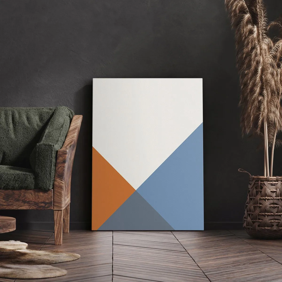 Impression sur toile - Image sur toile - Triangles géométriques dans les tons de bleu et d'orange - 50x70cm - Sous cette angle.... - Décoration murale moderne pour le salon et la chambre ARTTOR