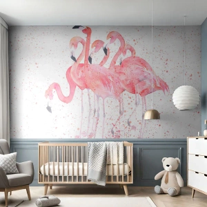 Papier Peint Photo Premium Sand - Flamants roses à l'aquarelle sur fond blanc dans des couleurs pastel délicates - 100x70cm - Ensemble rose - Décoration murale moderne pour le salon et la chambre ARTTOR