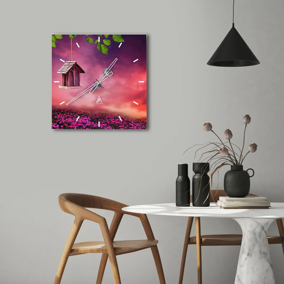 Horloge murale - Pendule murale - Un paysage pittoresque avec un nichoir et un coucher de soleil - 30x30cm - Invitation à dîner - Décoration murale moderne pour le salon et la chambre ARTTOR