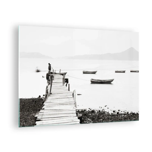 Impression sur verre - Image sur verre - Vue en noir et blanc d'une jetée en bois sur un lac - 70x50cm - Calme et propre au bord de l'eau - Décoration murale moderne pour le salon et la chambre ARTTOR
