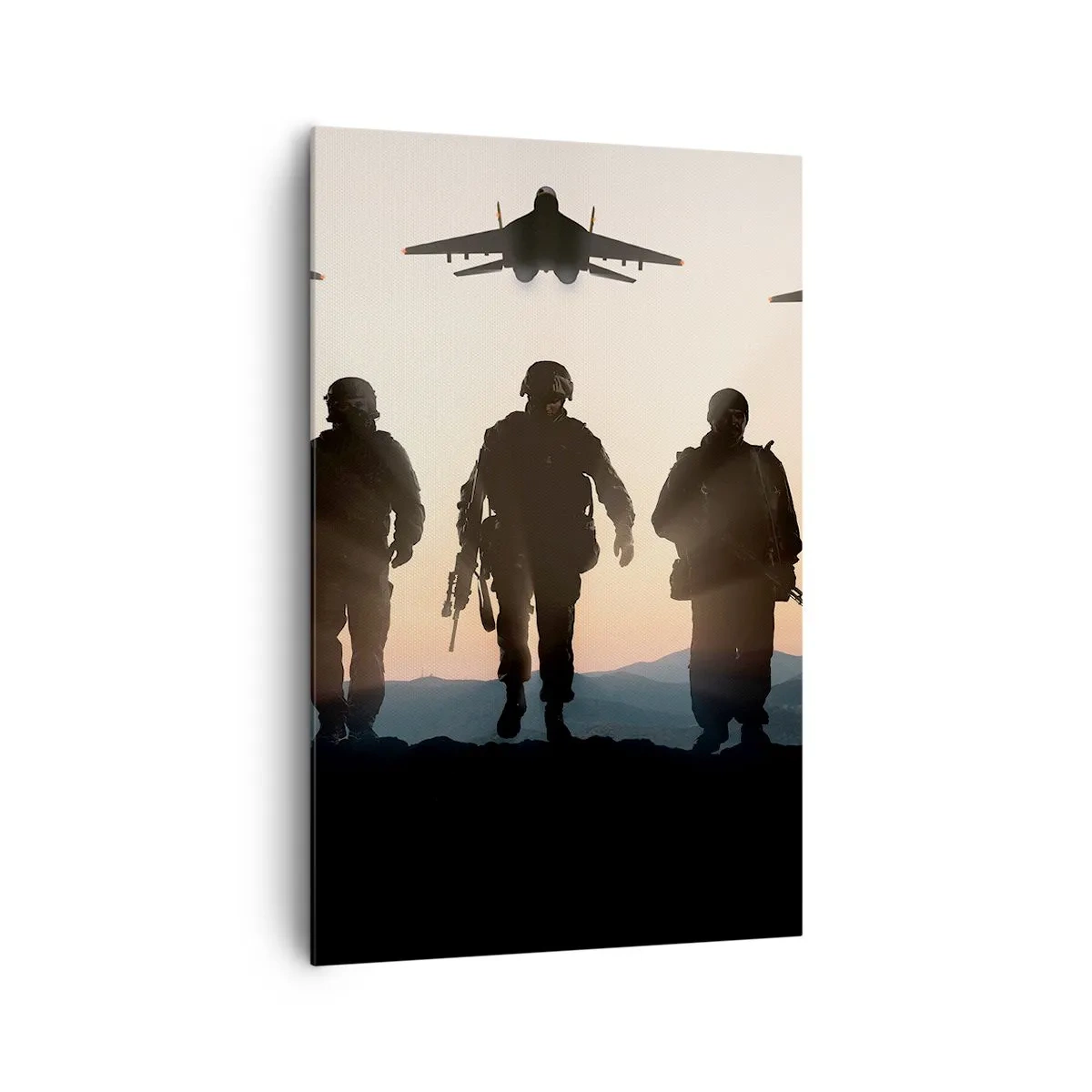 Impression sur toile - Image sur toile - Silhouettes de soldats et d'avions de chasse sur fond de coucher de soleil - 80x120cm - Bienvenue dans notre monde - Décoration murale moderne pour le salon et la chambre ARTTOR
