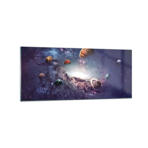 Impression sur verre - Image sur verre - Planètes dans une galaxie avec une nébuleuse en arrière-plan - 120x50cm - Système de danse solaire - Décoration murale moderne pour le salon et la chambre ARTTOR