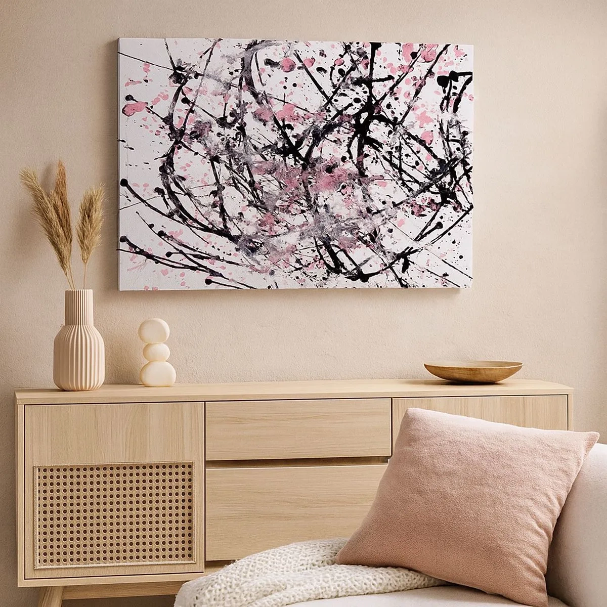 Impression sur toile - Image sur toile - Motif abstrait dans les tons de rose, noir et blanc - 70x50cm - La nature éphémère de la vie - Décoration murale moderne pour le salon et la chambre ARTTOR