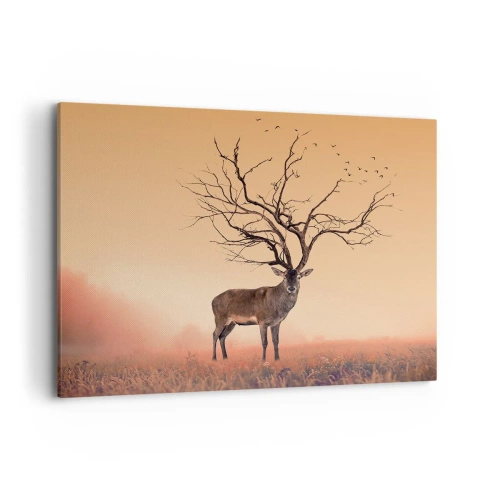 Impression sur toile - Image sur toile - Un graphique de cerf fantaisie avec des branches au lieu de bois - 120x80cm - Cerf de Pra - l'esprit éternel de la forêt - Décoration murale moderne pour le salon et la chambre ARTTOR