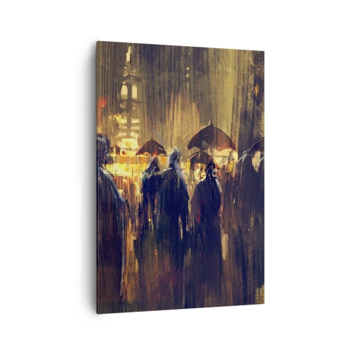 Impression sur toile - Image sur toile - Personnages avec des parapluies dans une ville pluvieuse la nuit - 70x100cm - Adeptes de la pluie - Décoration murale moderne pour le salon et la chambre ARTTOR