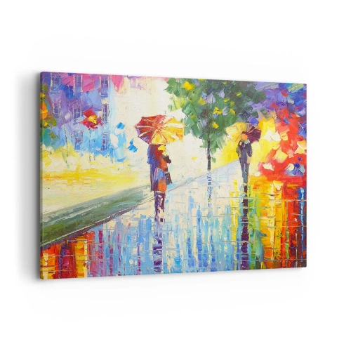 Impression sur toile - Image sur toile - Une promenade avec un parapluie dans un paysage pluvieux coloré - 100x70cm - Et tout est clair - Décoration murale moderne pour le salon et la chambre ARTTOR