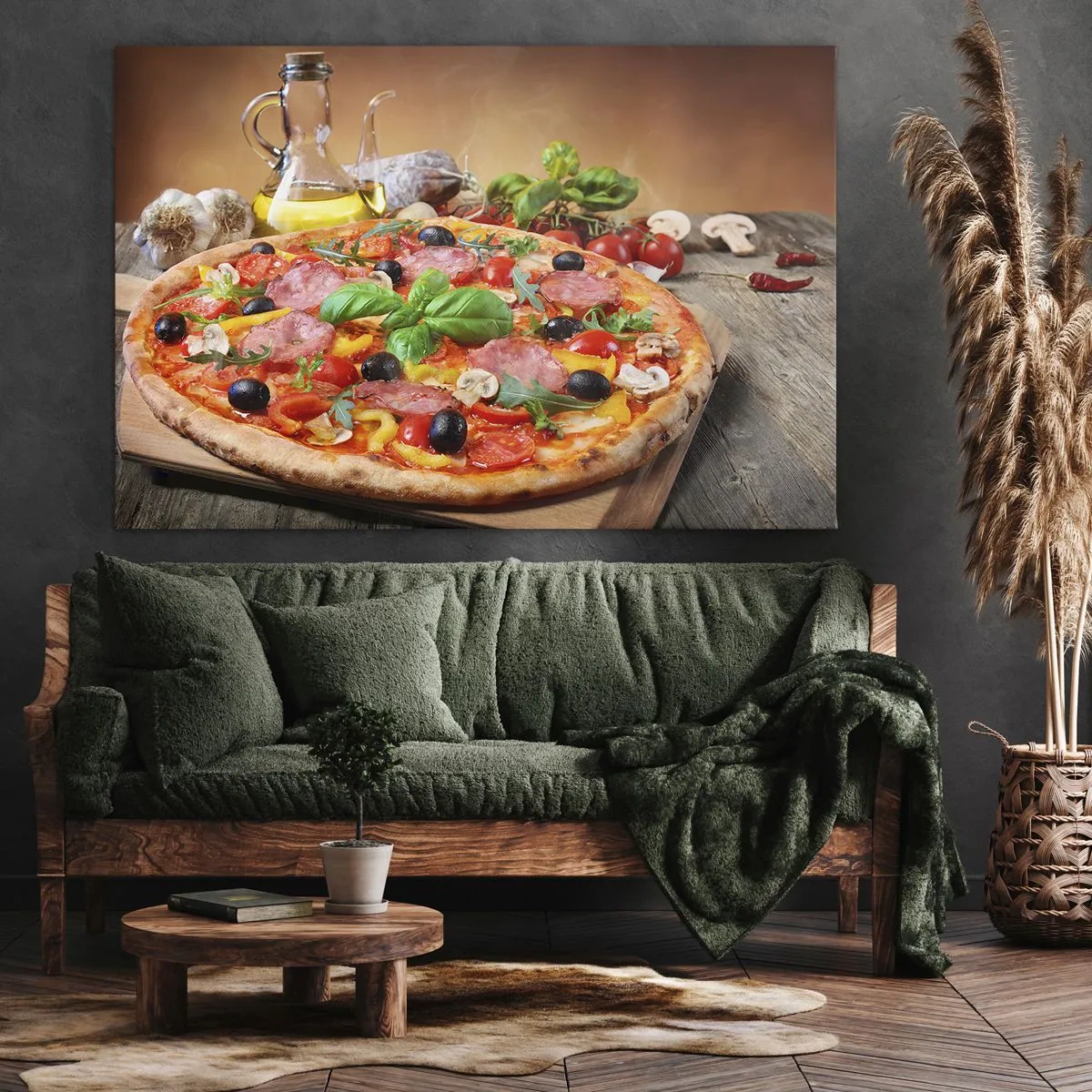 Impression sur toile - Image sur toile - Pizza appétissante sur une table en bois avec garnitures - 70x50cm - Avec une vraie saveur italienne - Décoration murale moderne pour le salon et la chambre ARTTOR
