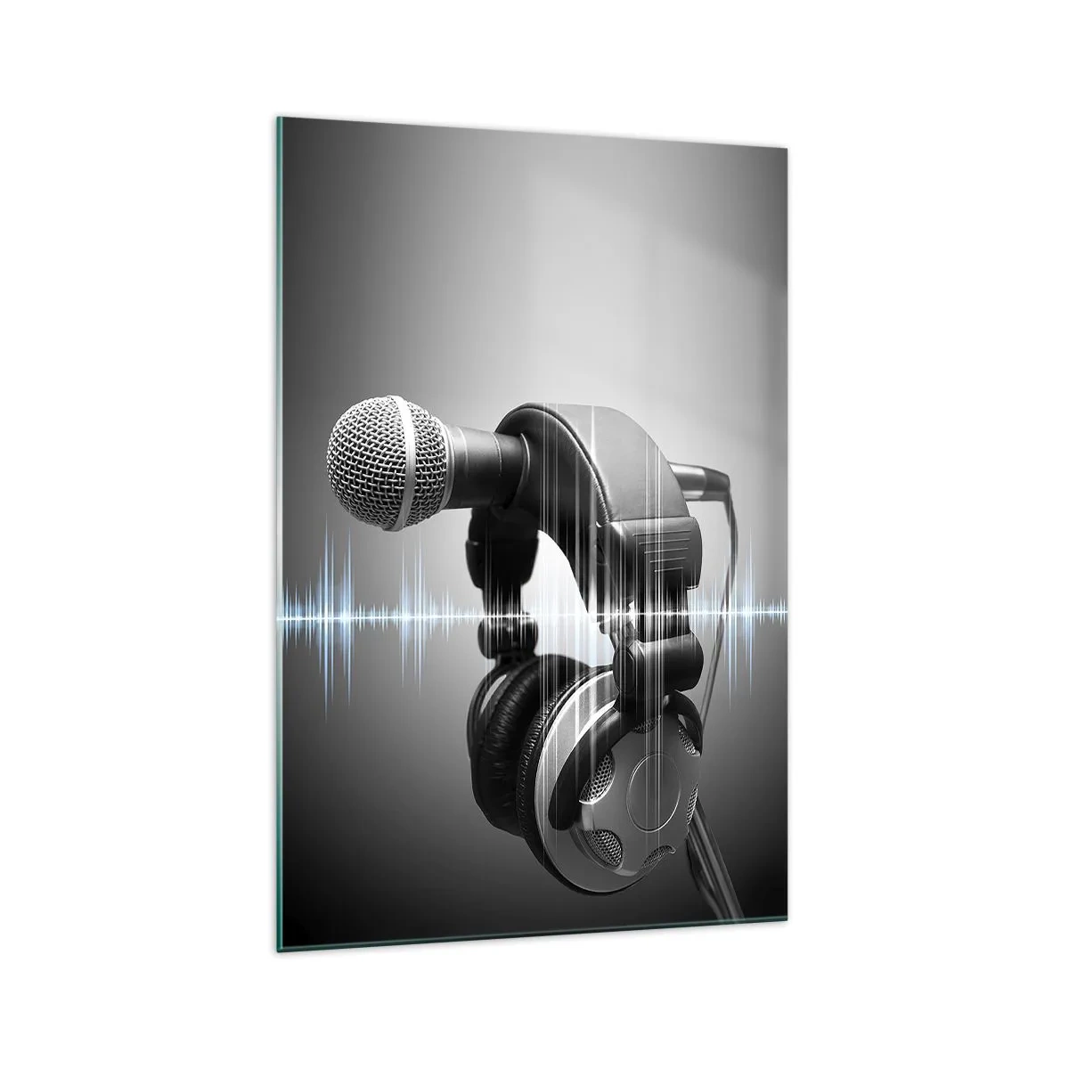 Impression sur verre - Image sur verre - Microphone et casque avec visualisation des ondes sonores en arrière-plan - 70x100cm - Vous pouvez encore entendre son chant - Décoration murale moderne pour le salon et la chambre ARTTOR