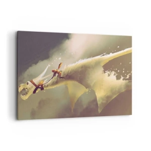 Impression sur toile - Image sur toile - Illustration d'un cavalier de dragon dans un paysage nuageux fantastique - 100x70cm - Le monde à la rescousse - Décoration murale moderne pour le salon et la chambre ARTTOR