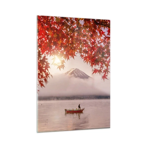 Impression sur verre - Image sur verre - Mont Fuji avec un bateau sur un lac entouré de feuilles rouges - 50x70cm - Dans le climat japonais - Décoration murale moderne pour le salon et la chambre ARTTOR