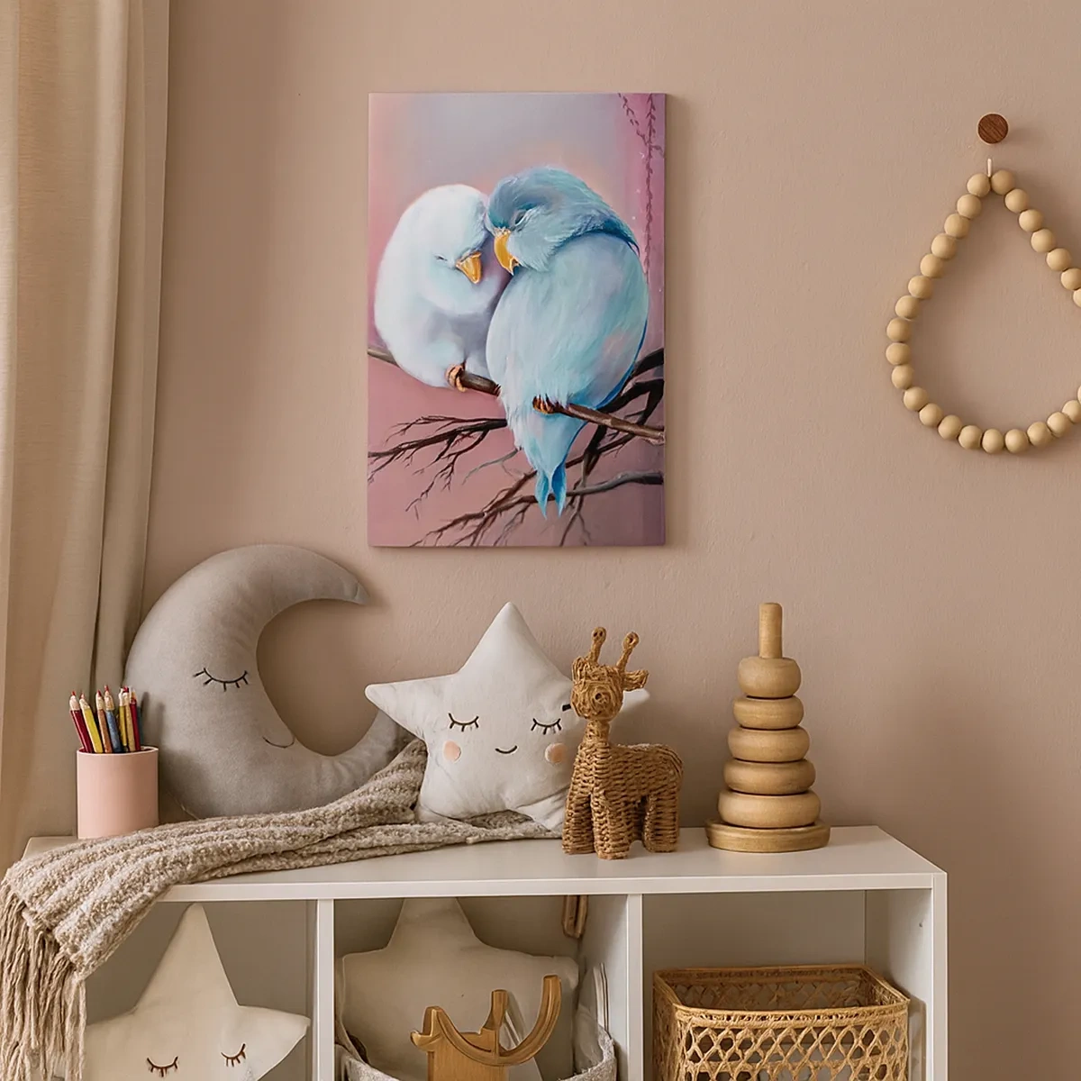 Impression sur toile - Image sur toile - Deux oiseaux amoureux sur une branche sur fond rose - 50x70cm - Que dire de plus?... - Décoration murale moderne pour le salon et la chambre ARTTOR