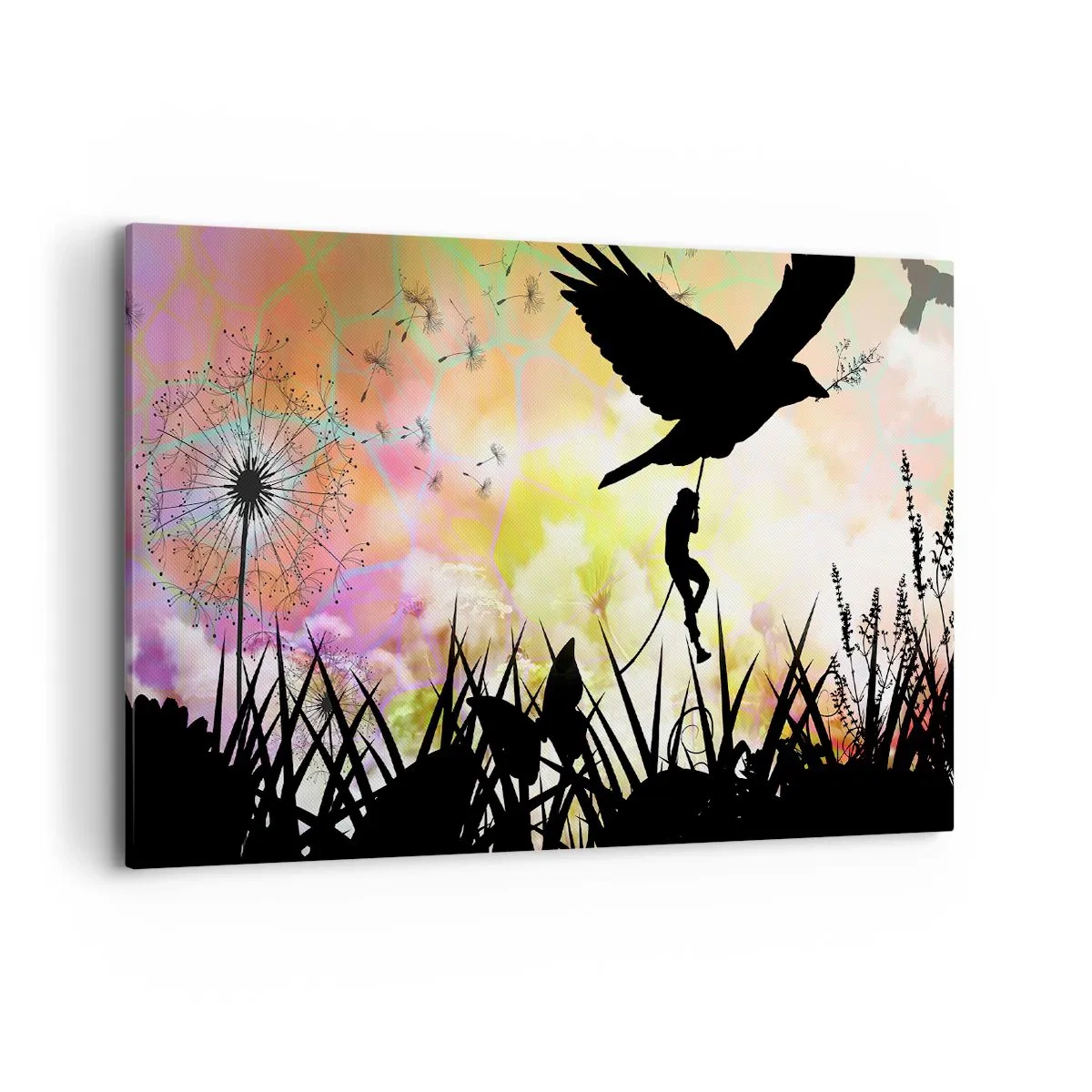 Impression sur toile - Image sur toile - Silhouette de la nature avec un oiseau et un pissenlit - 100x70cm - Dans une ambiance de conte de fées - Décoration murale moderne pour le salon et la chambre ARTTOR