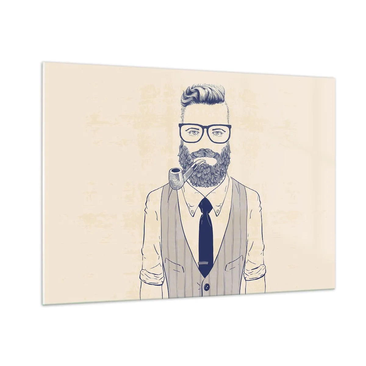 Impression sur verre - Image sur verre - Un homme stylisé avec une barbe, des lunettes et une pipe sur un fond clair. - 100x70cm - Gai, masculin et à la mode - Décoration murale moderne pour le salon et la chambre ARTTOR