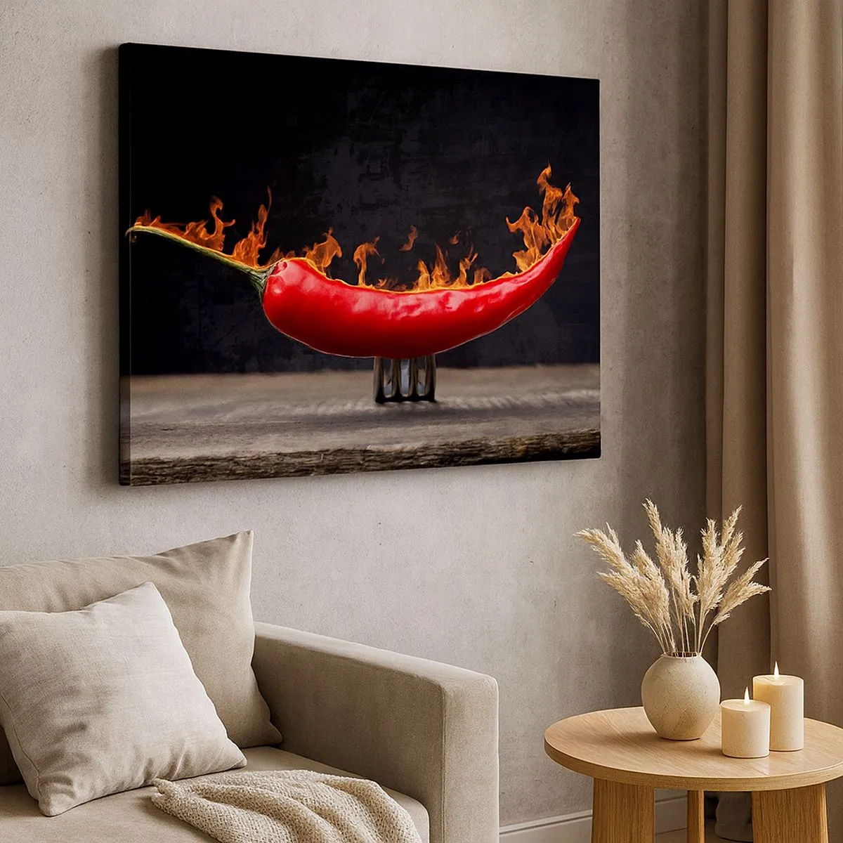 Impression sur toile - Image sur toile - Poivron rouge flamboyant sur une fourchette - 70x50cm - Un apéritif enflammé - Décoration murale moderne pour le salon et la chambre ARTTOR