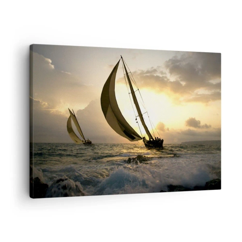 Impression sur toile - Image sur toile - Voiliers en mer au coucher du soleil - 70x50cm - Avec le vent et contre le vent - Décoration murale moderne pour le salon et la chambre ARTTOR