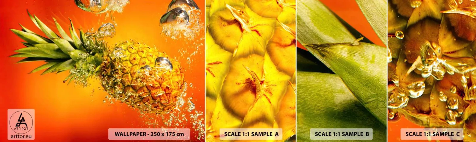 Échantillon de Papier Peint Autocollant Deluxe Sticker - Fraîcheur juteuse tropicale - Fruit, Ananas, Eau - 100x30 cm