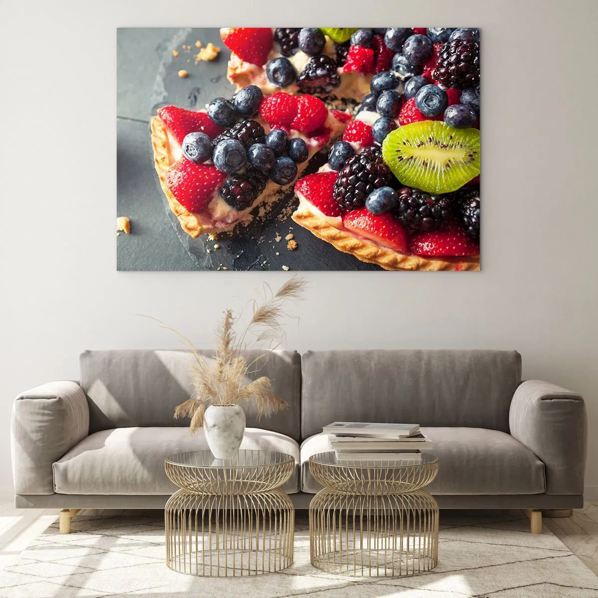 Impression sur verre - Image sur verre - Tarte aux fruits aux myrtilles, kiwi et fraises - 120x80cm - Dolce vita! - Décoration murale moderne pour le salon et la chambre ARTTOR