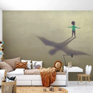 Papier Peint Photo Premium Canvas - Une figure symbolique d'un enfant avec l'ombre d'un oiseau sur un fond aux tons chauds. - 100x70cm - Héros du futur - Décoration murale moderne pour le salon et la chambre ARTTOR