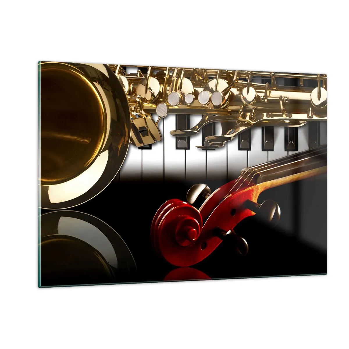 Impression sur verre - Image sur verre - Saxophone, clavier et archet dans une composition artistique - 120x80cm - Tôle, bois et ivoire - Décoration murale moderne pour le salon et la chambre ARTTOR