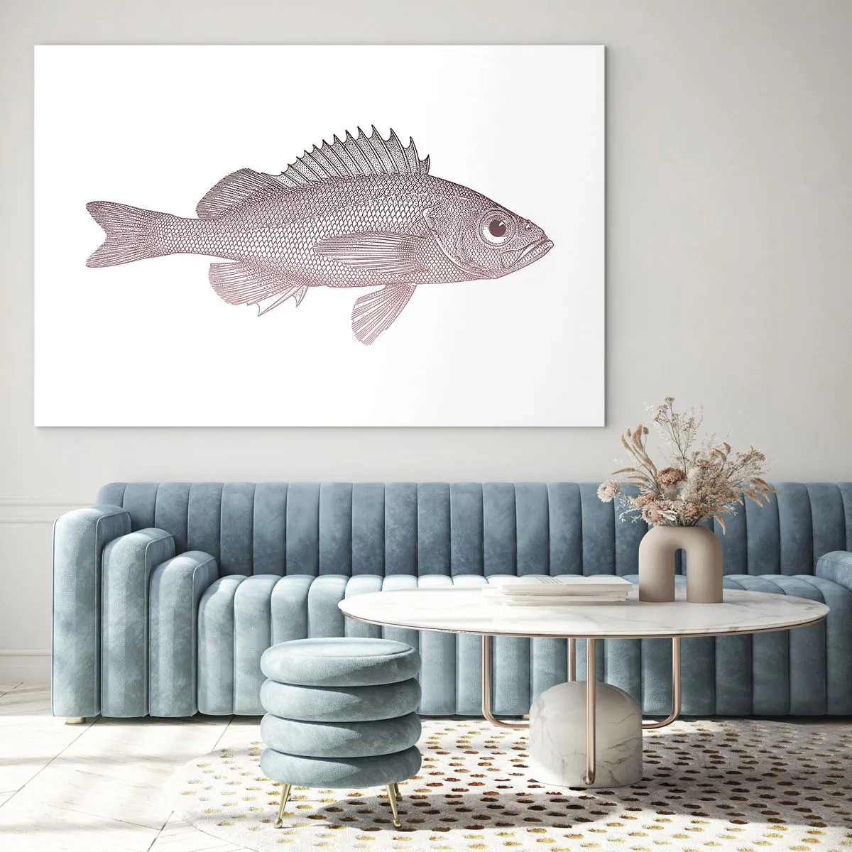 Impression sur verre - Image sur verre - Graphique d'un poisson avec un grand œil dans un style rétro sur fond blanc - 120x80cm - Poisson aux grands yeux - Décoration murale moderne pour le salon et la chambre ARTTOR