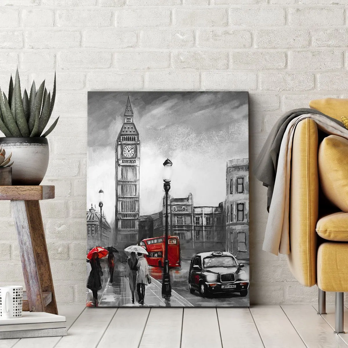 Impression sur toile - Image sur toile - Une scène londonienne en noir et blanc avec des accents rouges - 80x120cm - Pas du tout une ville grise - Décoration murale moderne pour le salon et la chambre ARTTOR