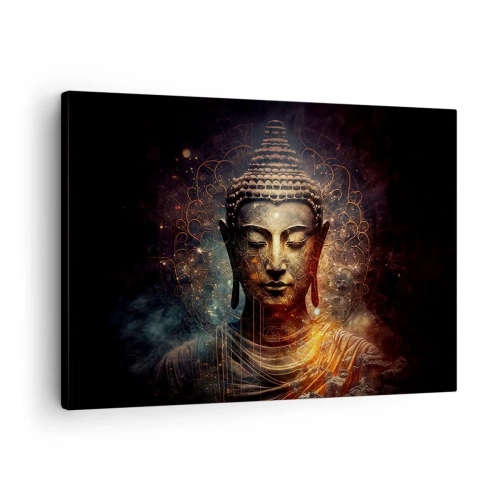 Impression sur toile - Image sur toile - Bouddha doré sur fond sombre avec ornements - 70x50cm - Équilibre spirituel - Décoration murale moderne pour le salon et la chambre ARTTOR