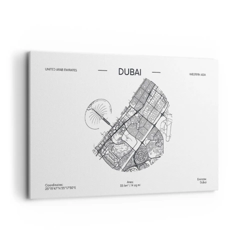 Impression sur toile - Image sur toile - Une carte minimaliste en noir et blanc de Dubaï avec des marquages de localisation. - 120x80cm - Anatomie de Dubaï - Décoration murale moderne pour le salon et la chambre ARTTOR