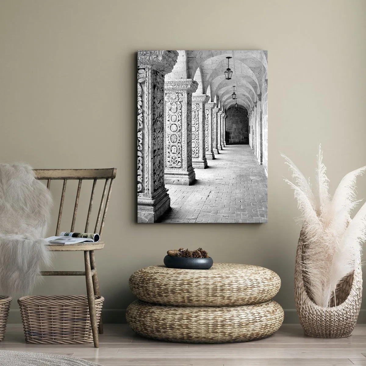 Impression sur toile - Image sur toile - Colonnes historiques dans une prise de vue monochrome - 80x120cm - Où cela mène-t-il…? - Décoration murale moderne pour le salon et la chambre ARTTOR