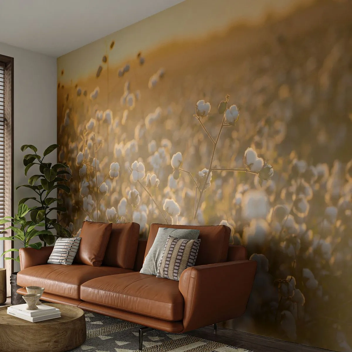Papier Peint Photo Premium Canvas - Un champ de coton dans la chaude lumière du soleil couchant - 100x70cm - Champ moelleux - Décoration murale moderne pour le salon et la chambre ARTTOR