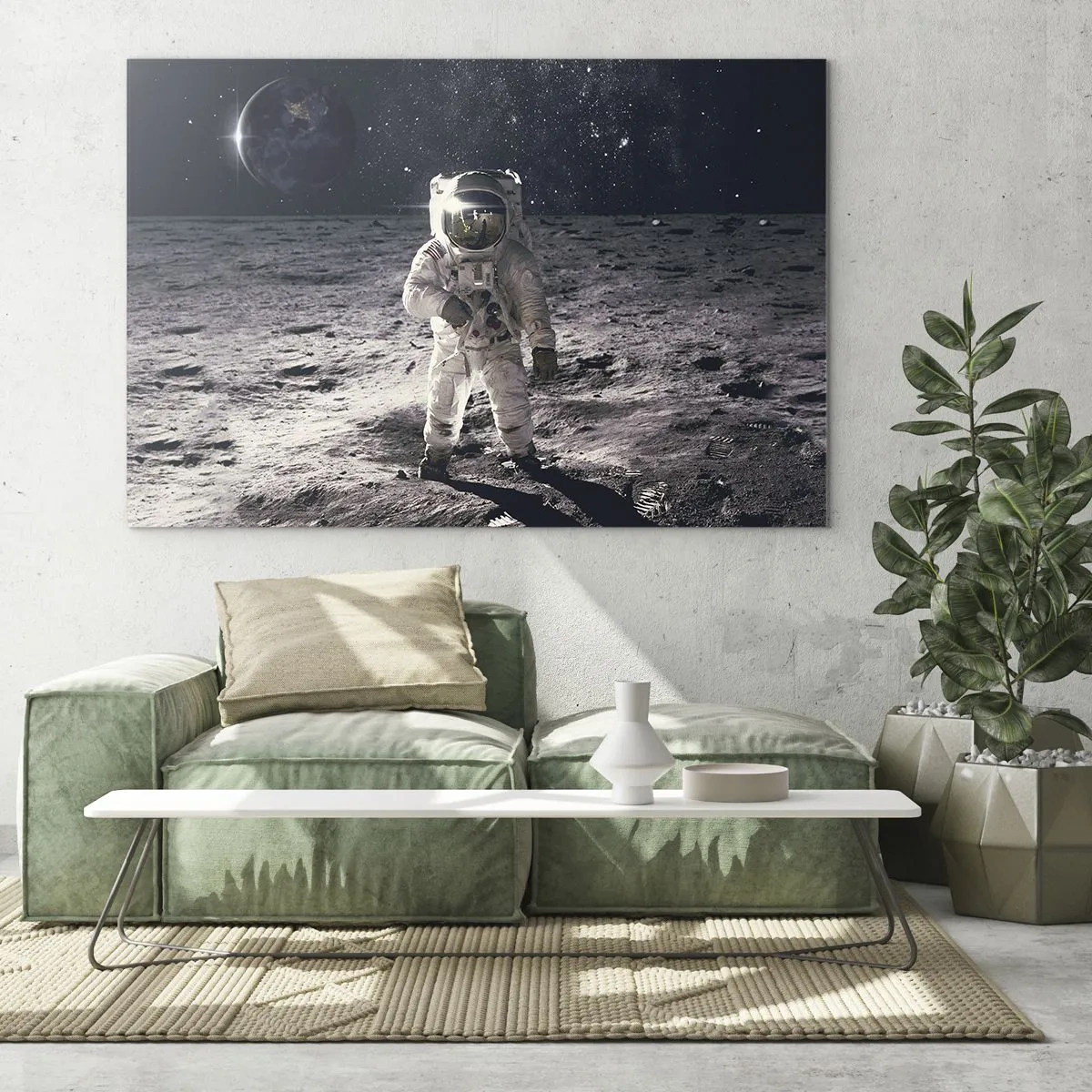 Impression sur verre - Image sur verre - Astronaute à la surface de la Lune avec la Terre en arrière-plan - 70x50cm - Salutations de la lune - Décoration murale moderne pour le salon et la chambre ARTTOR
