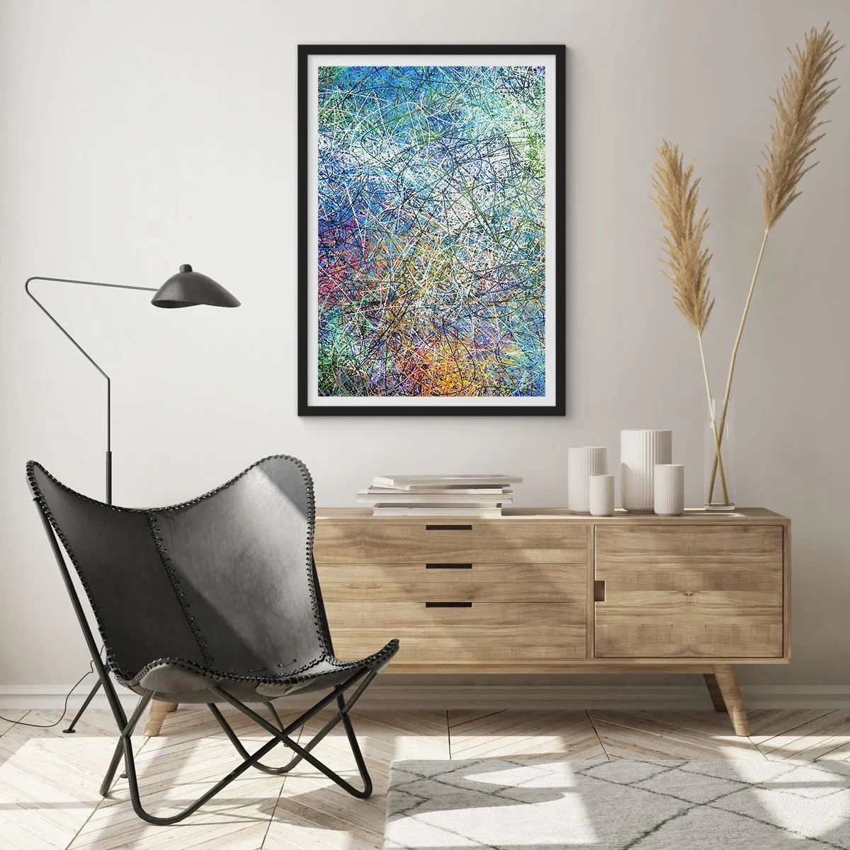Affiche dans un cadre noir - Poster - Abstraction colorée avec des lignes dynamiques et des nuances de bleu - 50x70cm - Ce n'est pas si simple - Décoration murale moderne pour le salon et la chambre ARTTOR