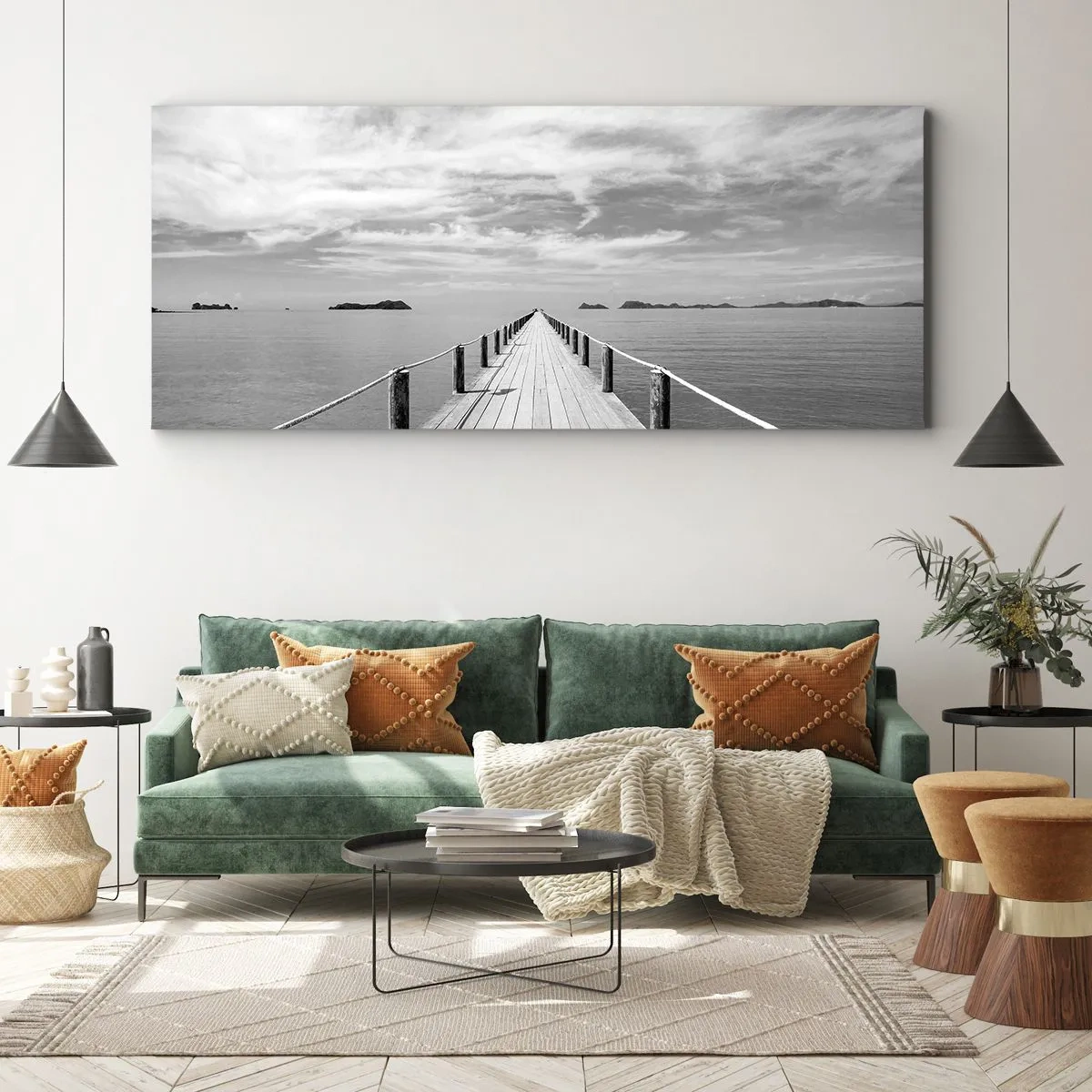 Impression sur toile - Image sur toile - Une jetée en bois menant au loin sur une mer calme - 160x50cm - Et peut-être un voyage... - Décoration murale moderne pour le salon et la chambre ARTTOR