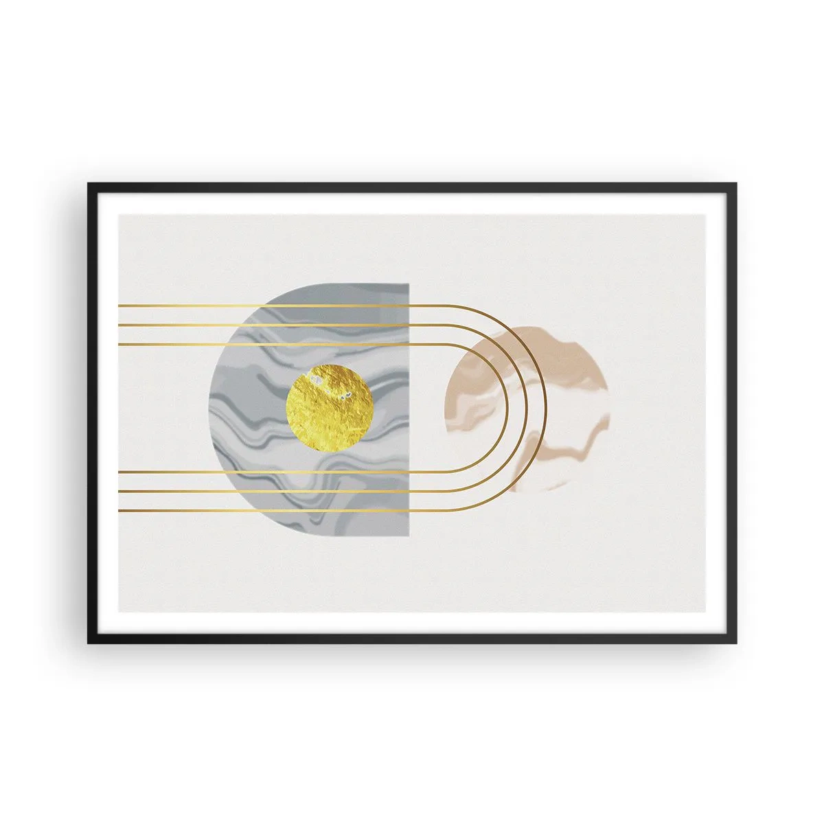 Affiche dans un cadre noir - Poster - Composition abstraite avec des cercles et des lignes dorées sur fond clair. - 100x70cm - Clareté et brillance - Décoration murale moderne pour le salon et la chambre ARTTOR